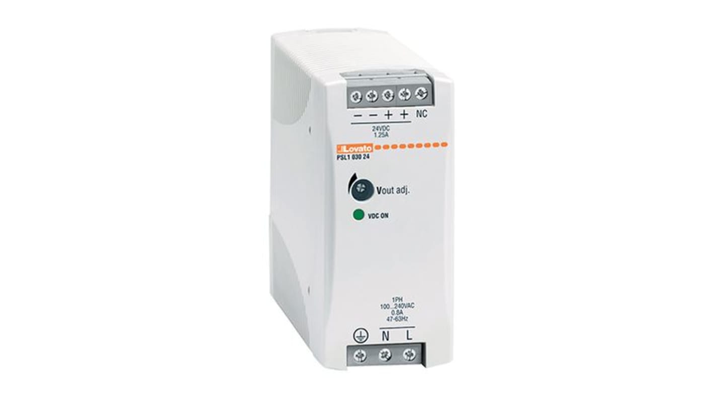 Lovato PSL Switched Mode DIN Rail Power Supply, 240V ac ac Input, 24V dc dc Output, 1.25A Output