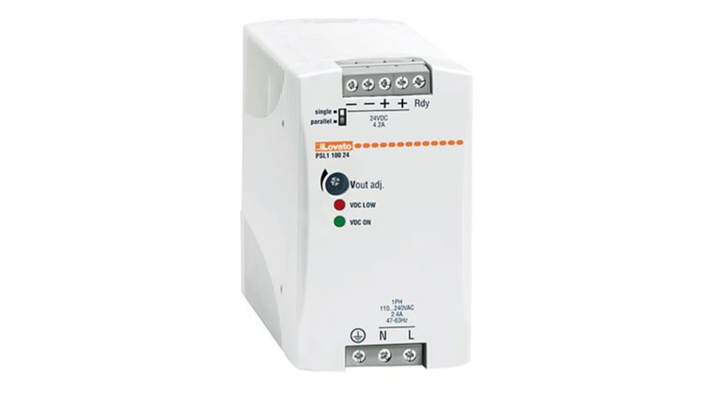 Lovato PSL Switched Mode DIN Rail Power Supply, 240V ac ac Input, 24V dc dc Output, 4.2A Output