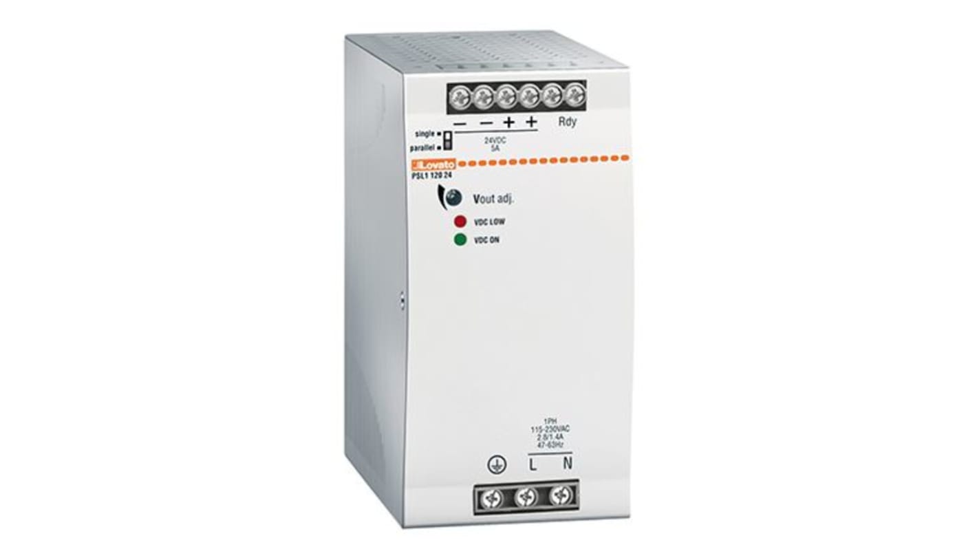 Lovato PSL Switched Mode DIN Rail Power Supply, 230V ac ac Input, 24V dc dc Output, 5A Output