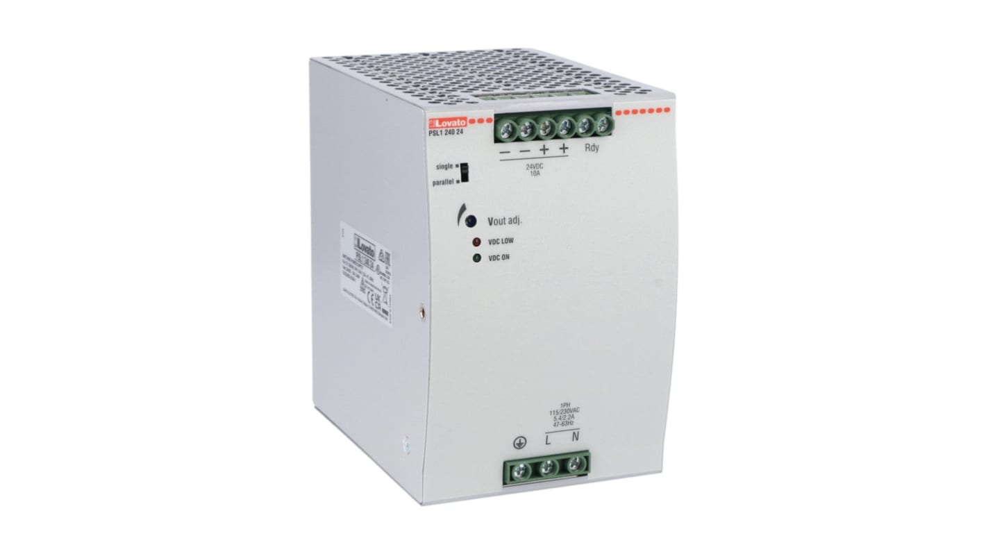 Lovato PSL Switched Mode DIN Rail Power Supply, 230V ac ac Input, 24V dc dc Output, 10A Output