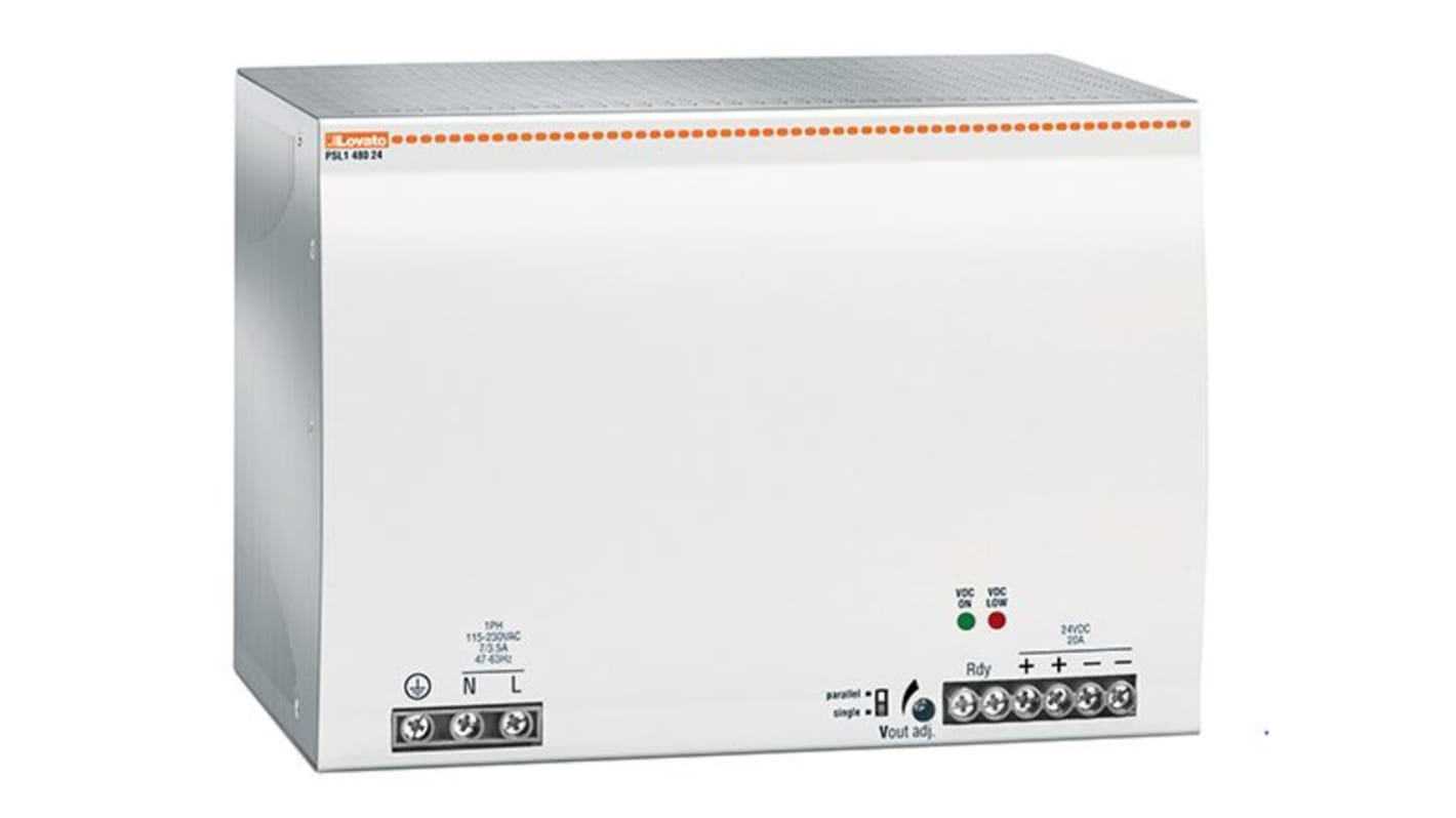 Lovato PSL Switched Mode DIN Rail Power Supply, 240V ac ac Input, 24V dc dc Output, 20A Output