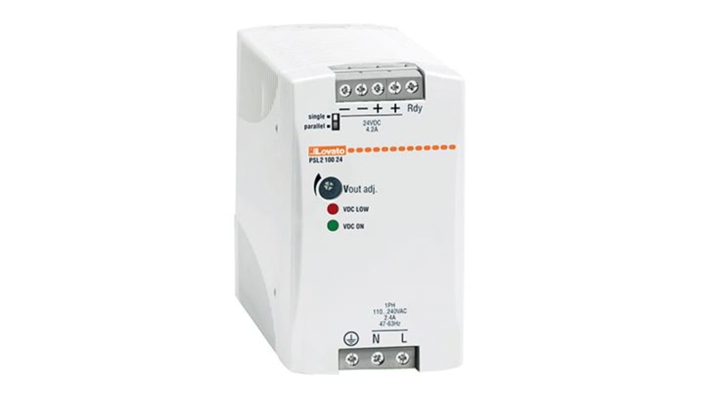 Lovato PSL Switched Mode DIN Rail Power Supply, 500V ac ac Input, 24V dc dc Output, 4.2A Output