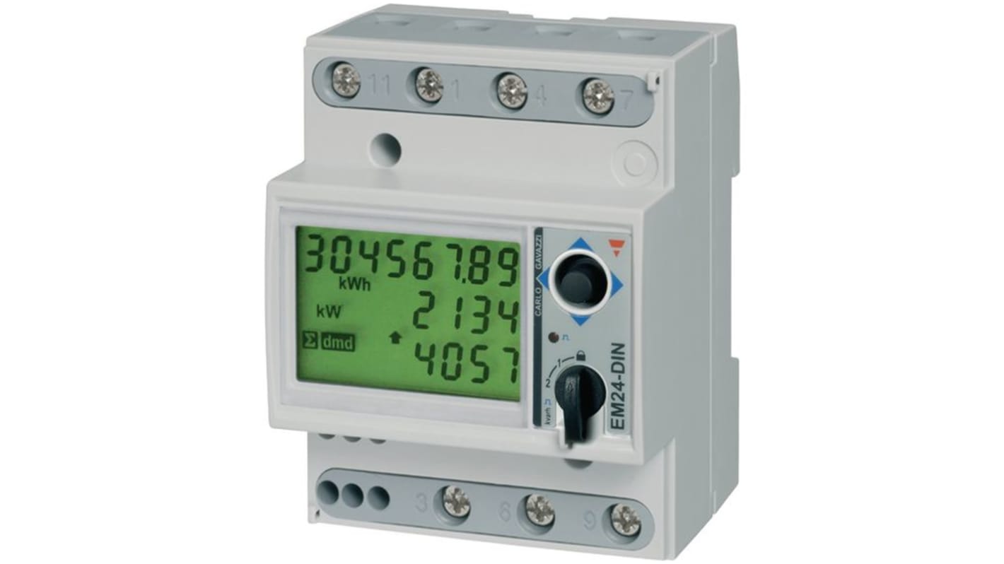 Medidor de energía Carlo Gavazzi serie EM24, display LCD, con 8 dígitos, 3 fases, dim. 71.6mm x 90mm