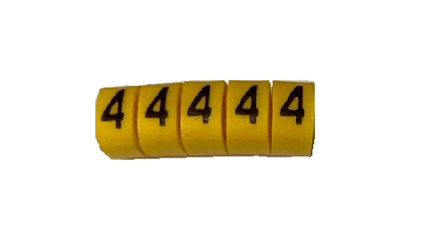 RS PRO Slide On Cable Marker, Black on Yellow, Pre-printed "4", 3 → 4.2mm Cable