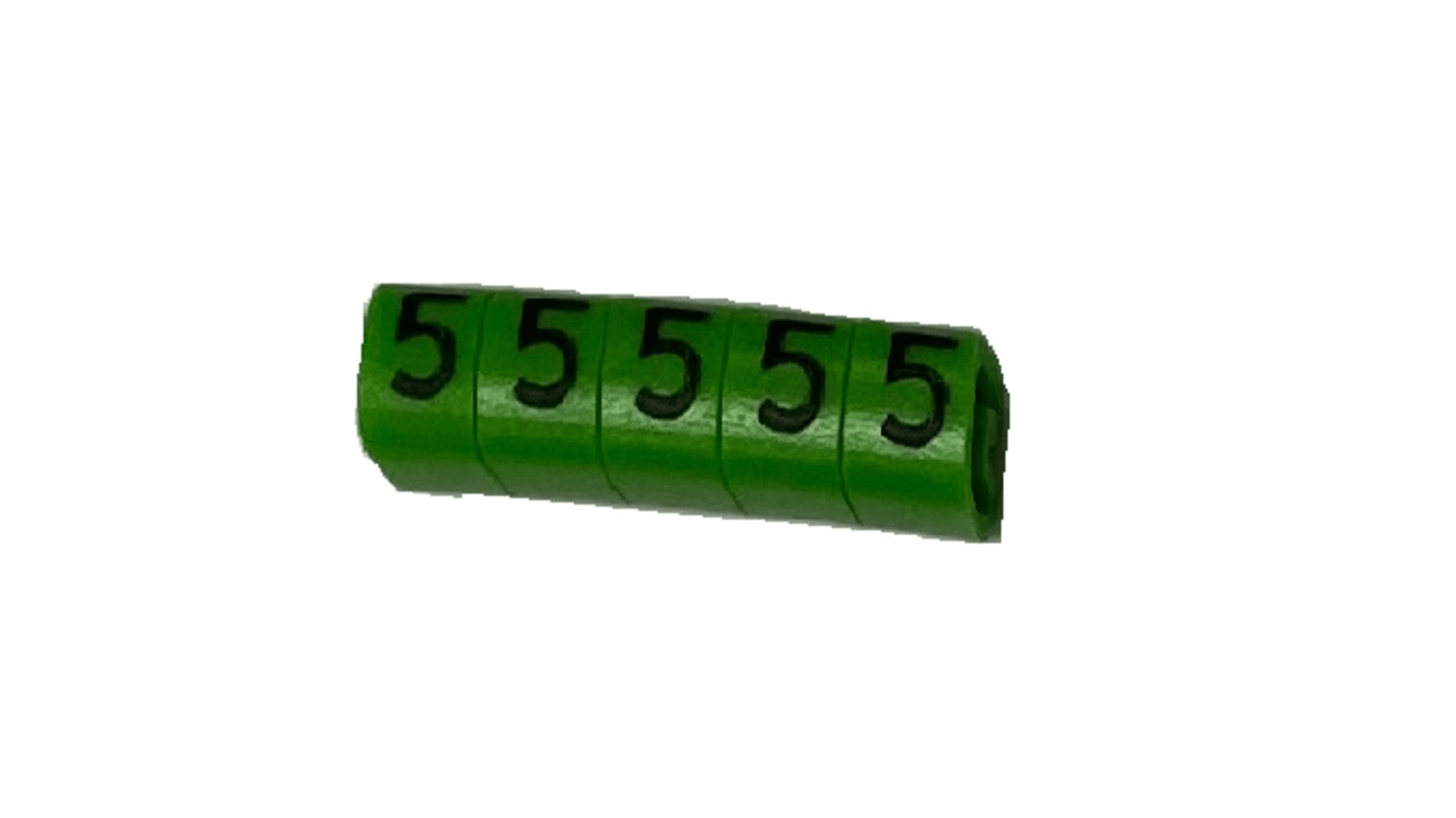 Repère câble RS PRO , Ø câble 3 → 4.2mm, texte : 5, Noir sur Vert