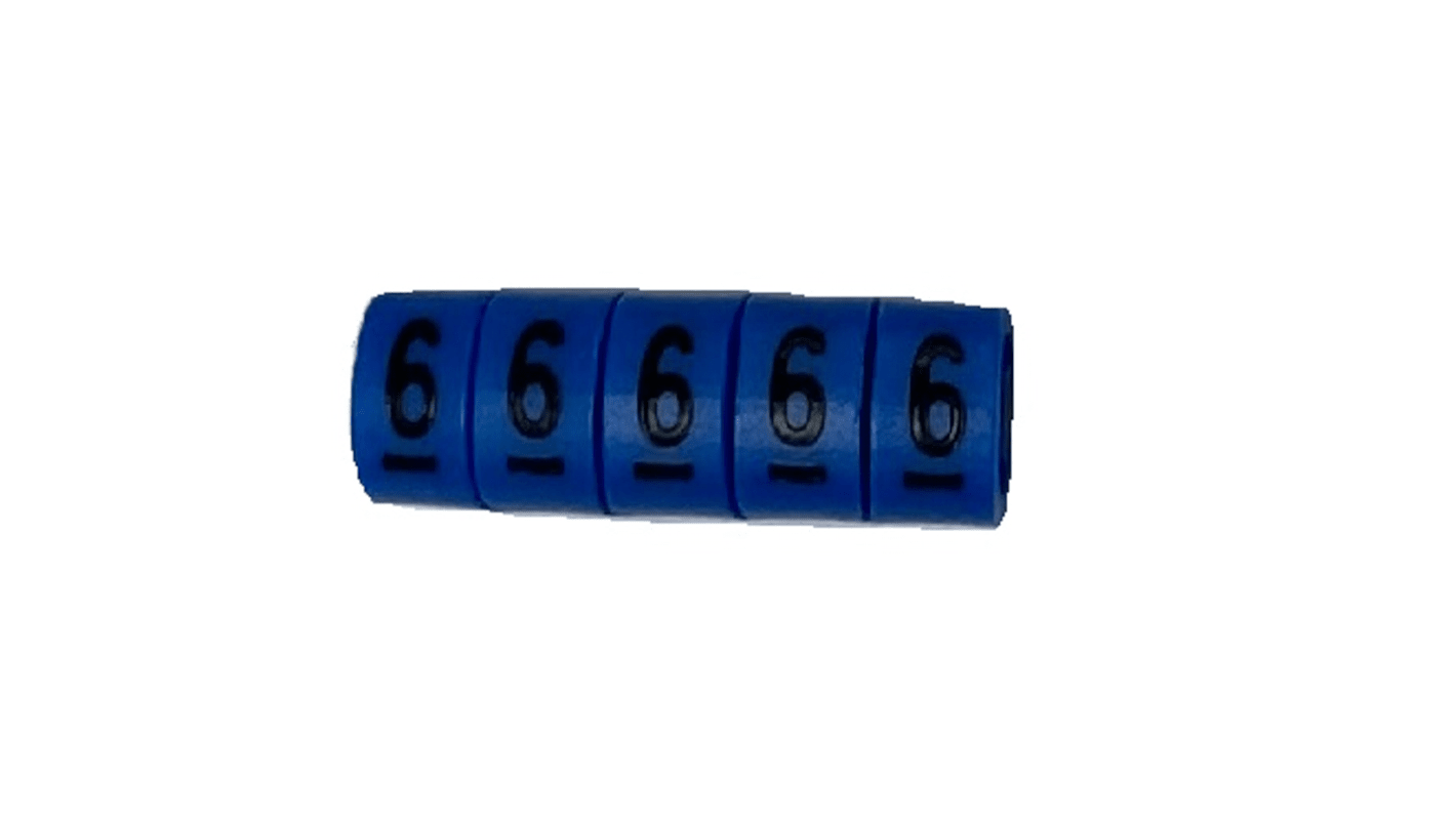RS PRO Slide On Cable Marker, Black on Blue, Pre-printed "6", 3 → 4.2mm Cable