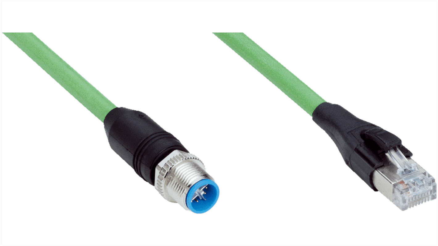 Sick Straight Male M12 to Male RJ45 Ethernet Cable, Green PUR Sheath, 2m