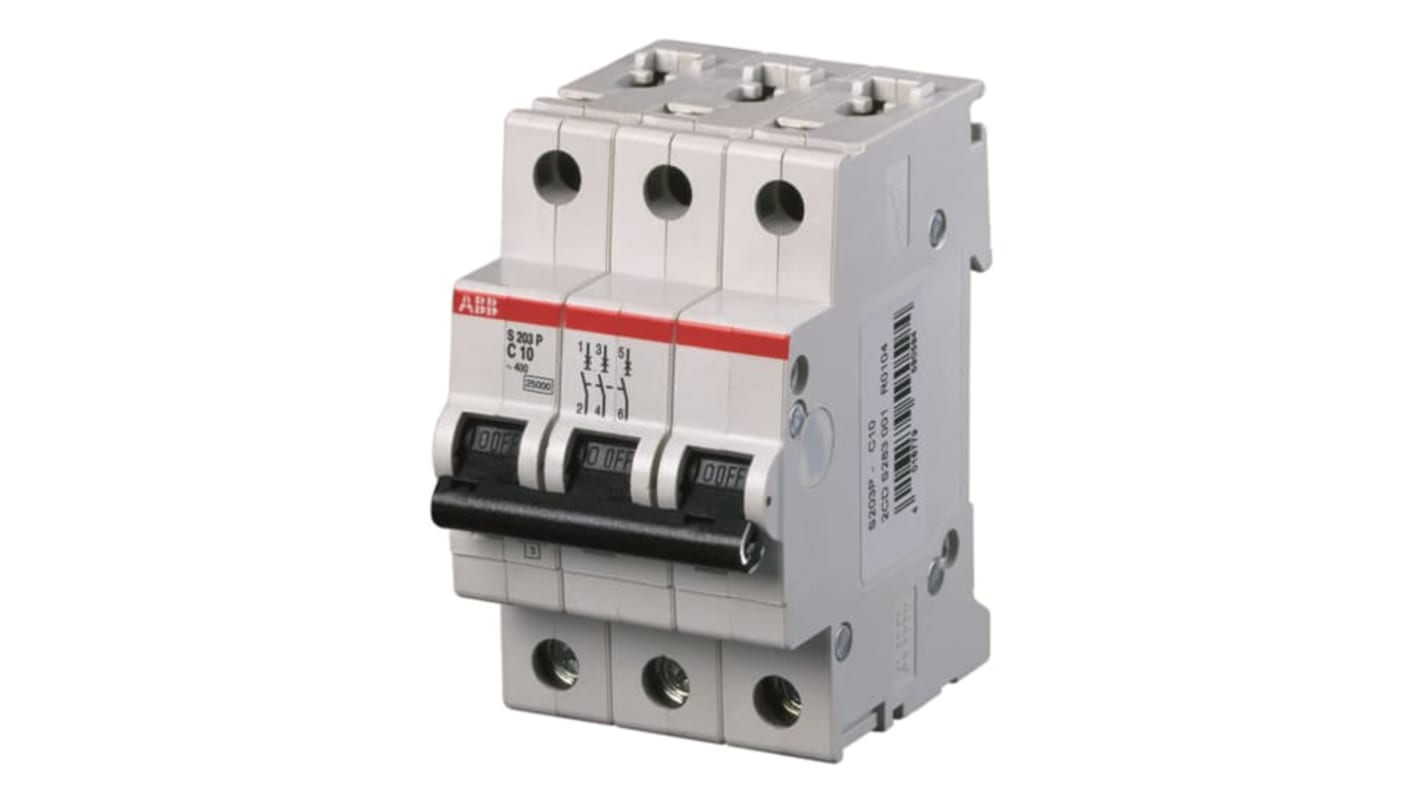 Disjoncteur ABB S200P 3P, 16A, pouvoir de coupure 25 kA, montage rail DIN