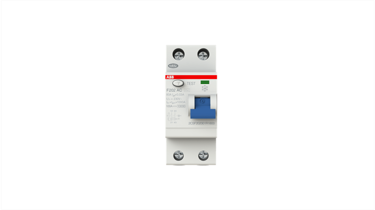 Interrupteur différentiel ABB F200, 2 Pôles, 80A, 30mA, Type AC