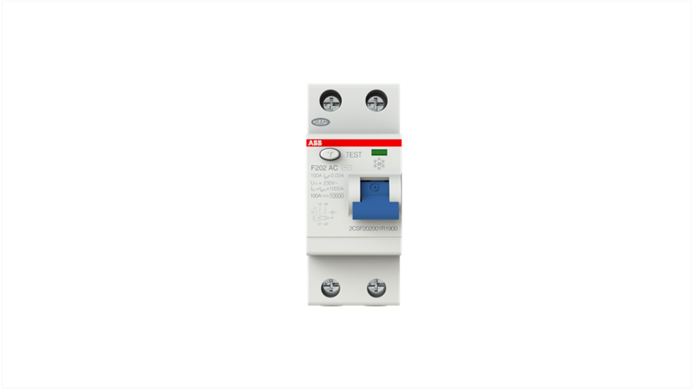 Interrupteur différentiel ABB F200, 2 Pôles, 100A, 30mA, Type AC