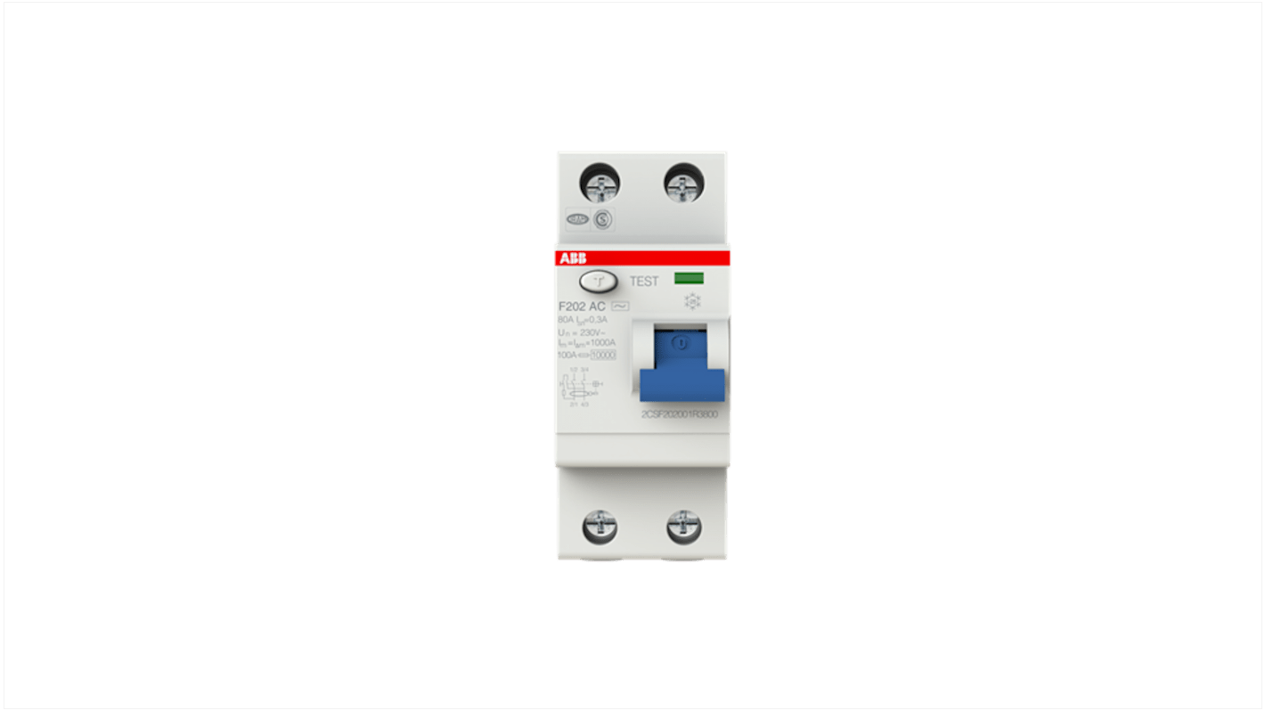 Interrupteur différentiel ABB F200, 2 Pôles, 80A, 300mA, Type AC