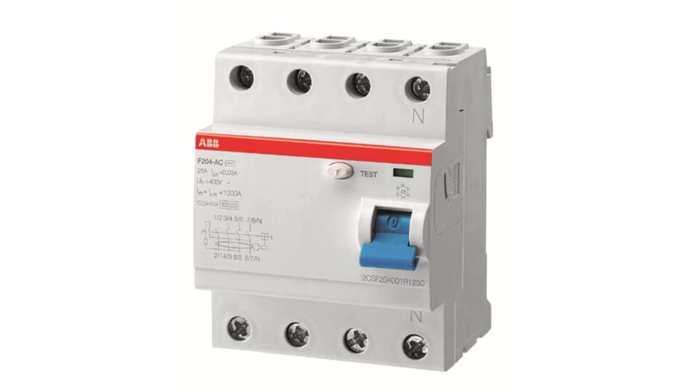 ABB F200 RCCB, 4-polig, 25A, 100mA Typ AC 230V ac