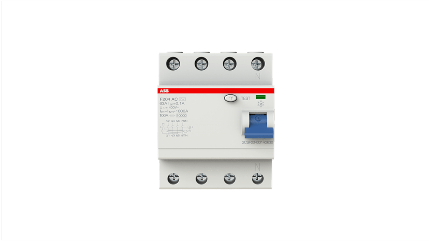 Interrupteur différentiel ABB F200, 4 Pôles, 63A, 100mA, Type AC