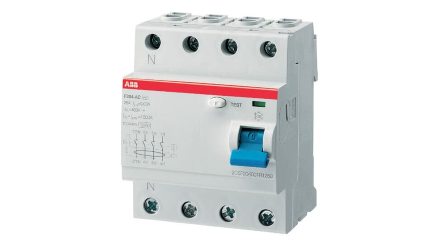 ABB F200 RCCB, 25A, 4 Pole, 500mA, Type AC, 230V ac