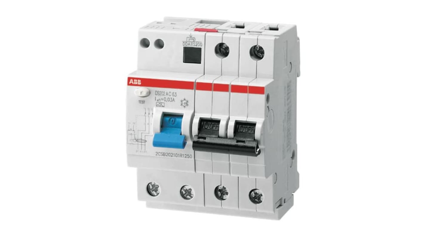 ABB RCBO, 10A Current Rating, 2P Poles, 30mA Trip Sensitivity