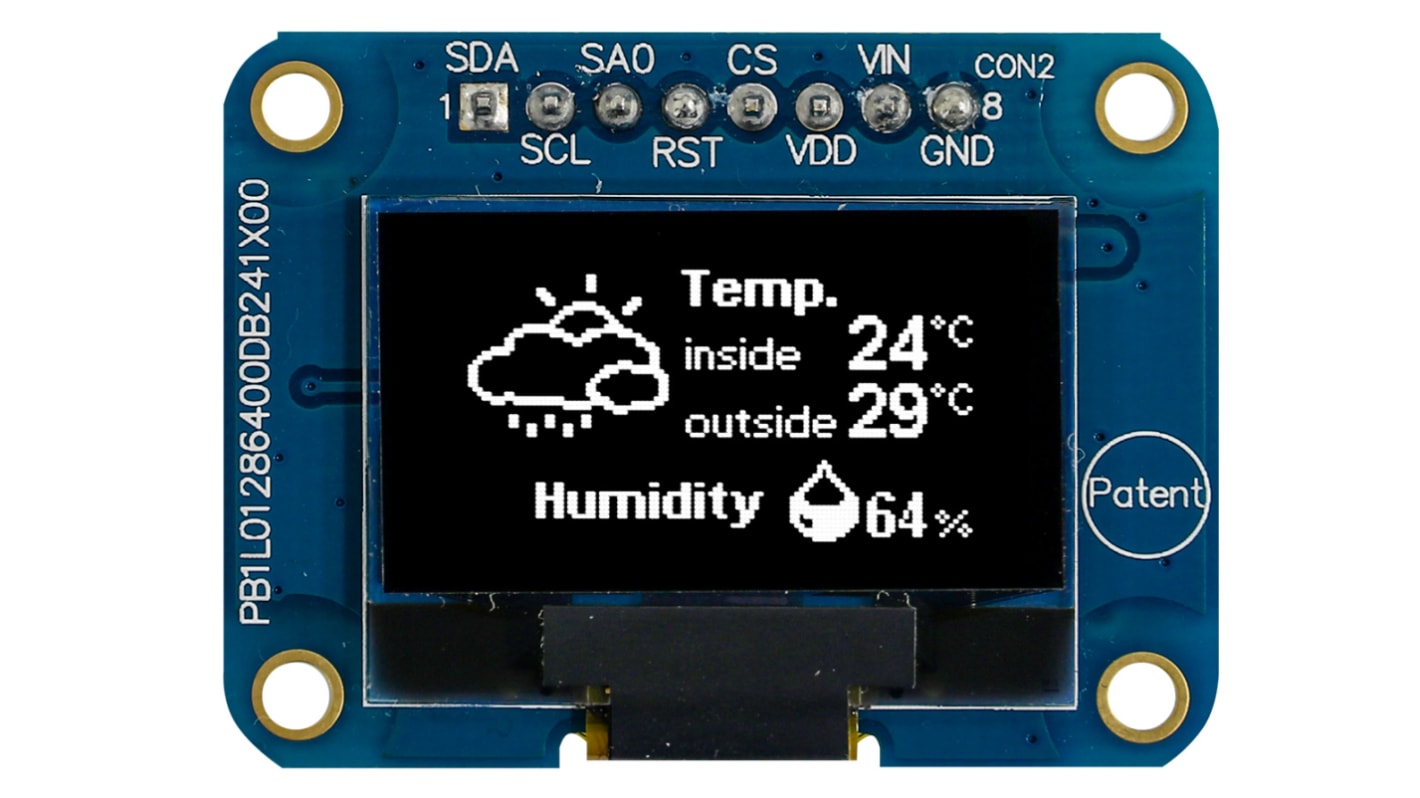 Pantalla OLED pasiva Midas de 0.96plg, res. 128 x 64pixels, Blanco, interfaz I2C