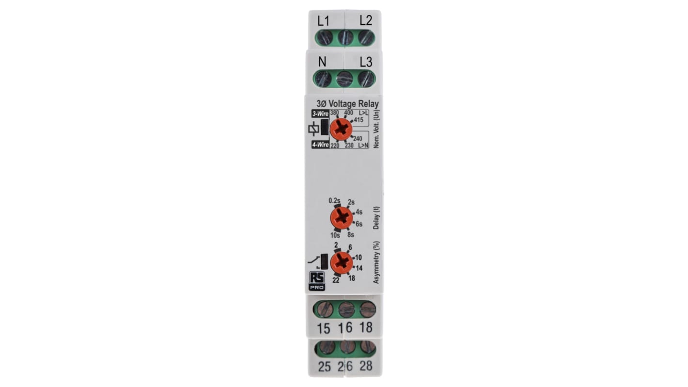 Relais de contrôle de tension RS PRO, triphasé, 2 RT, 0,2 → 10s