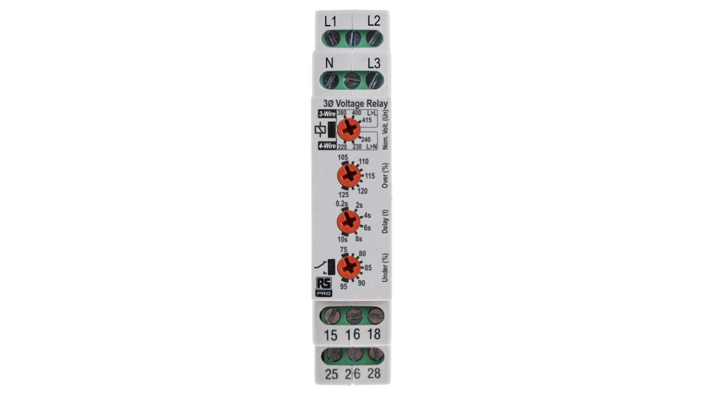 RS PRO Voltage Monitoring Relay, 3 Phase, DPDT, DIN Rail