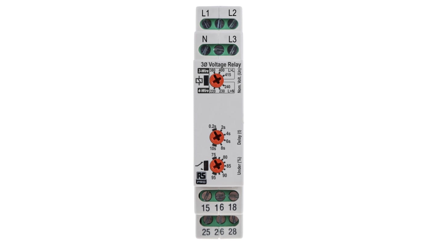 RS PRO Phase, Voltage Monitoring Relay, 3 Phase, DPDT, 243 → 540 V, DIN Rail, Surface Mount