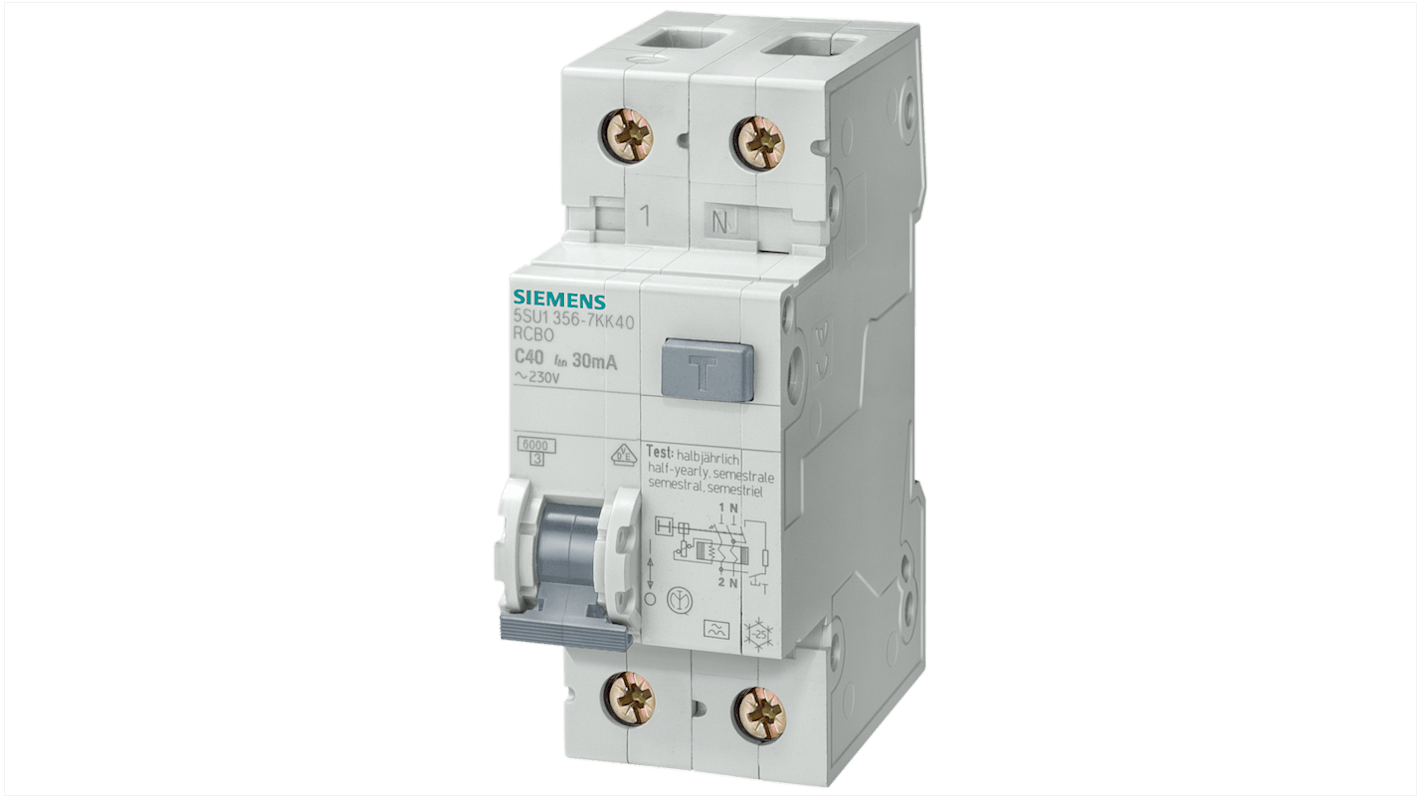 Siemens RCBO, 16A Current Rating, 2P Poles, 30mA Trip Sensitivity, Sentron Range