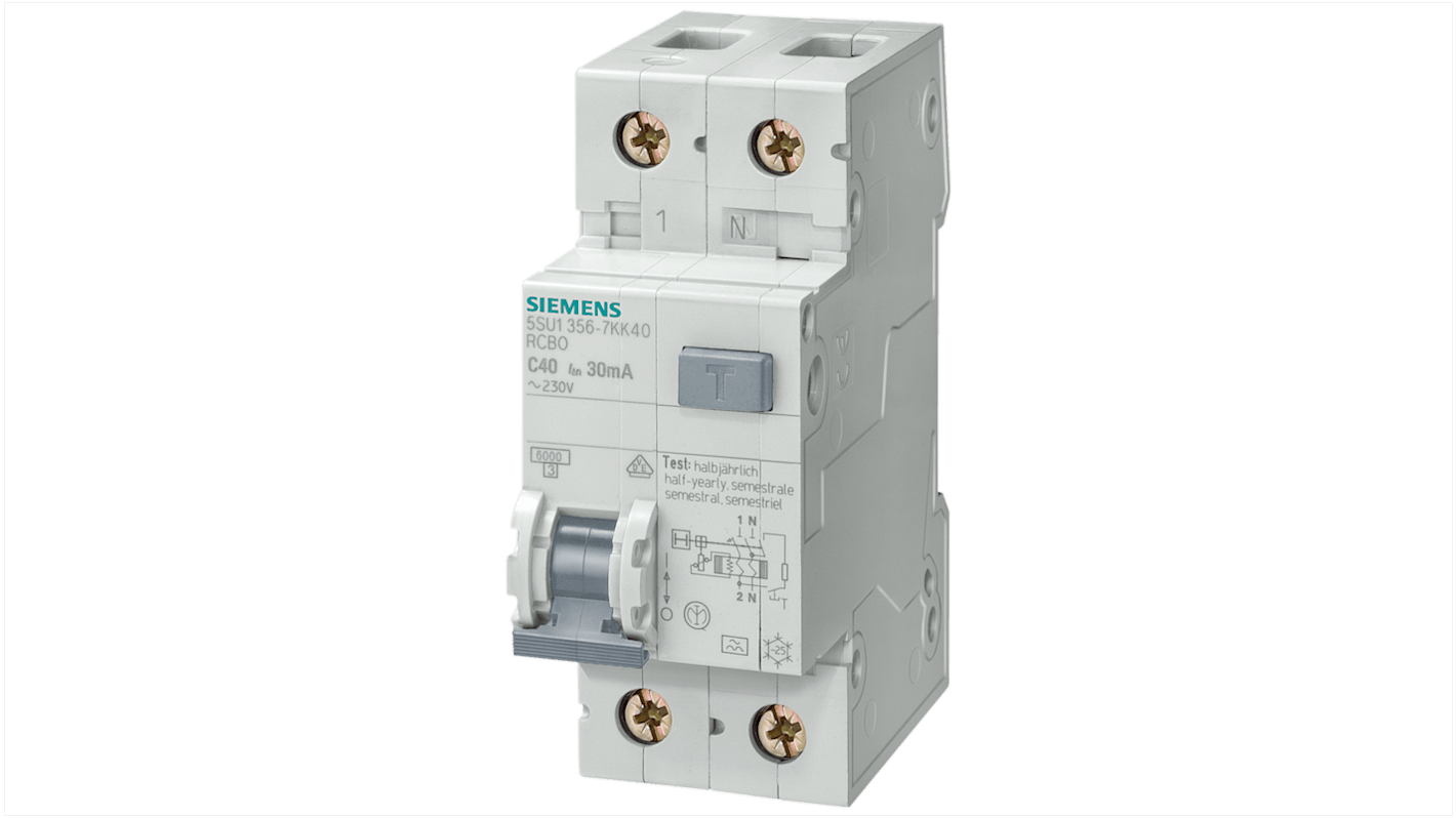 Siemens Sentron 5SU1 FI/LS-Schalter 16A, 2-polig, Empfindlichkeit 30mA