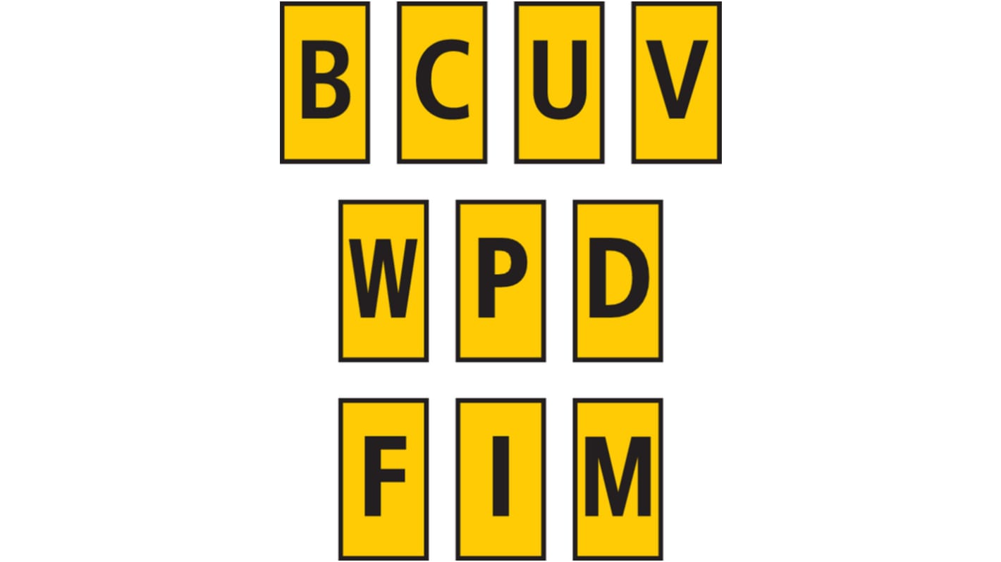 HellermannTyton WIC0 Cable Markers, Yellow, Pre-printed "B, C, D, F, I, M, P, U, V, W", 2 → 2.8mm Cable