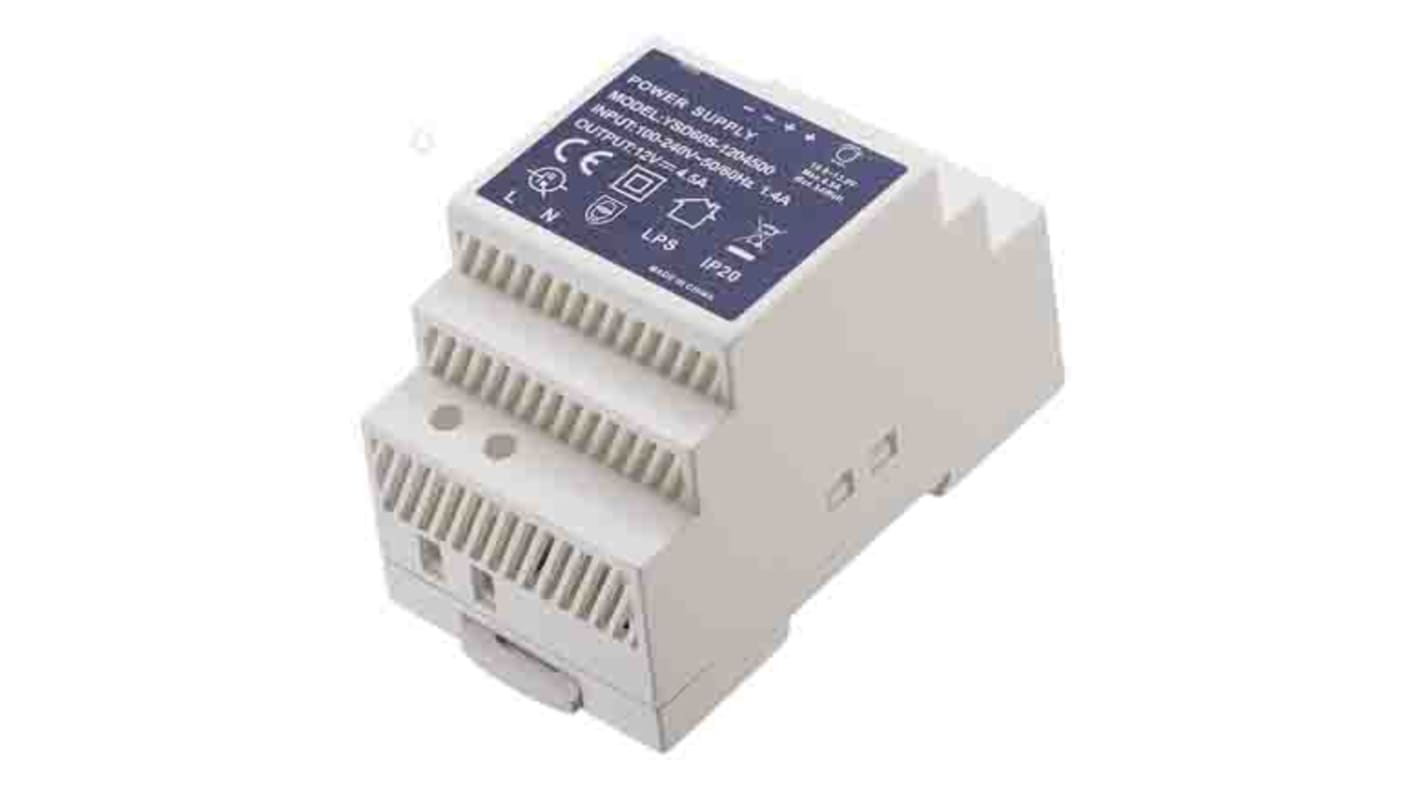 RS PRO DIN Rail Power Supply, 90 → 264V ac ac Input, 12V dc dc Output, 4.5A Output, 54W