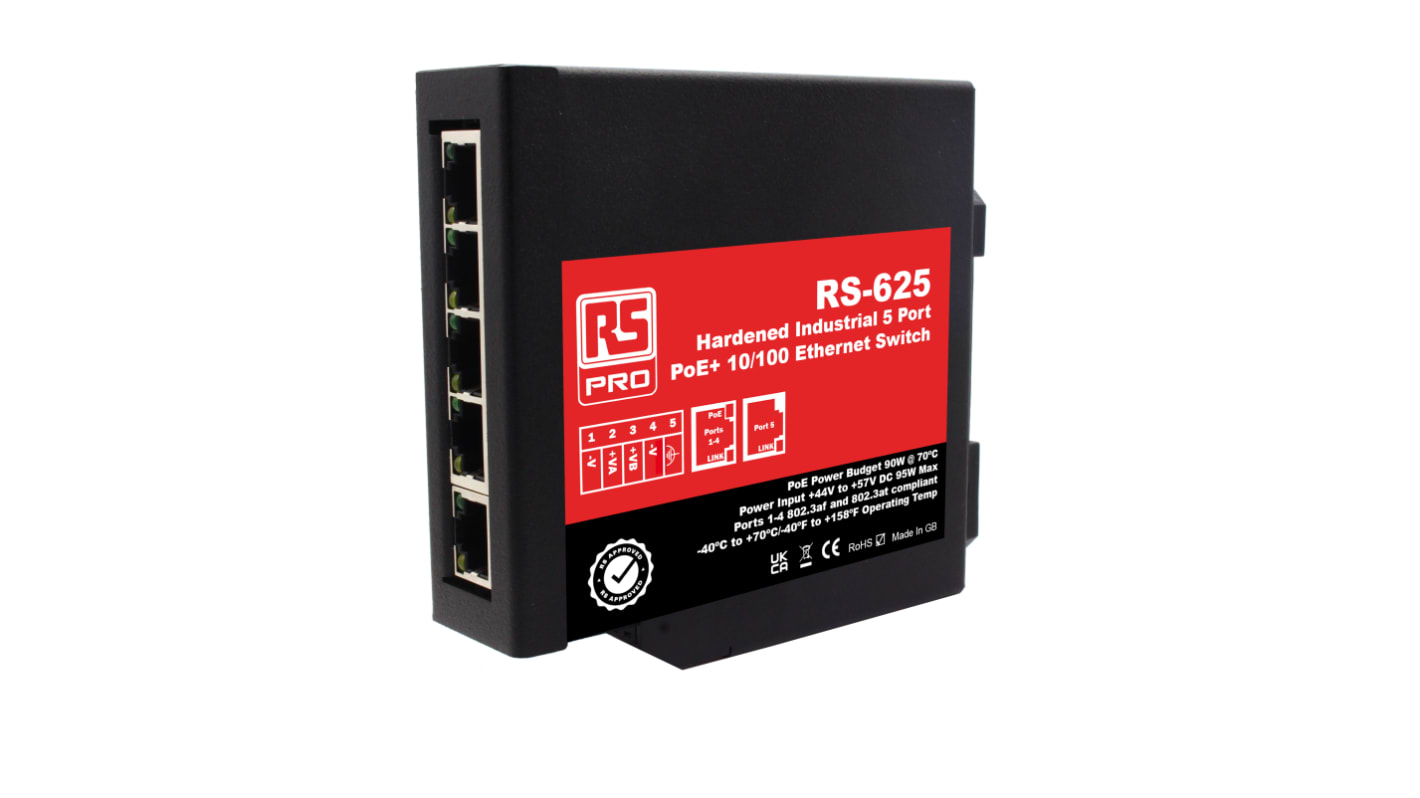 RS PRO DIN Rail Mount Switch, 5 RJ45 Ports, 10/100Mbit/s