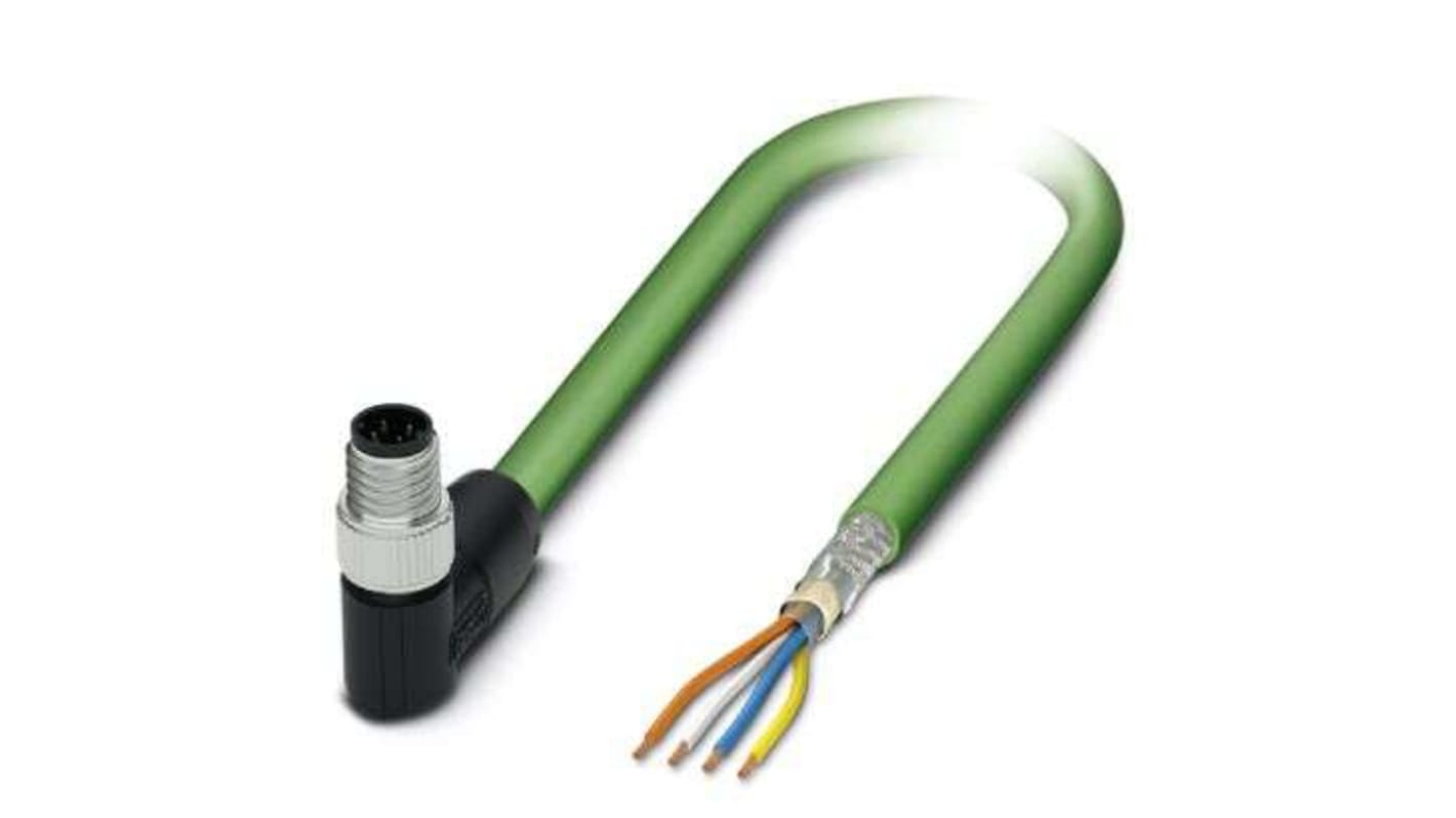 Phoenix Contact Cat5 Right Angle Male M8 to Unterminated Ethernet Cable, Green PUR Sheath, 1m