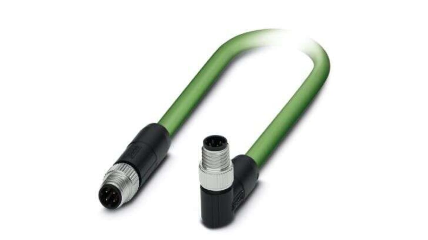 Phoenix Contact Cat5 Straight Male M8 to Right Angle Male M8 Ethernet Cable, Green PUR Sheath, 1m