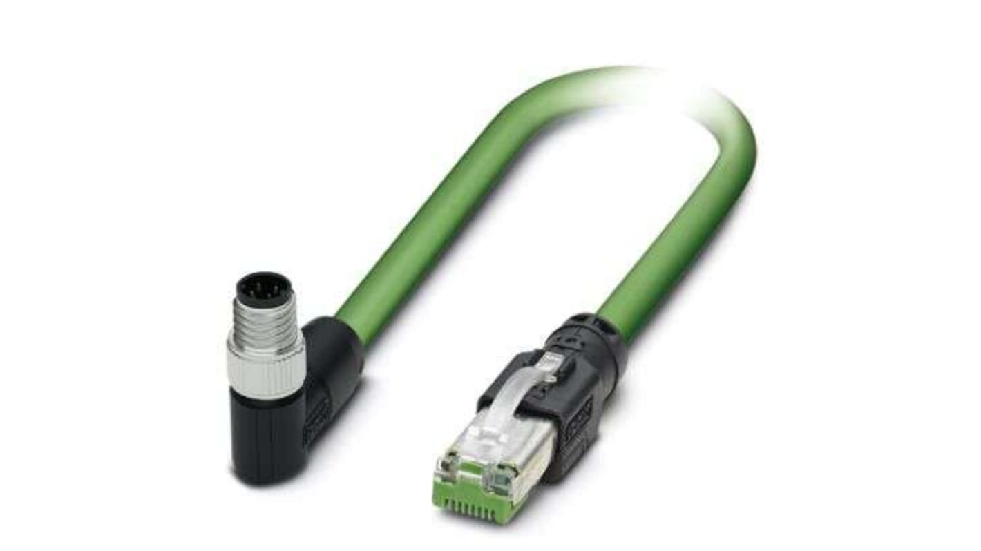 Phoenix Contact Cat5 Right Angle Male M8 to Straight Male RJ45 Ethernet Cable, STP, Green Polyurethane Sheath, 2m