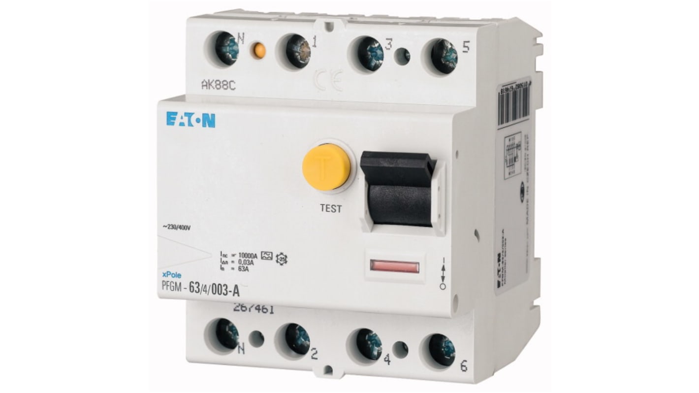 267461 PFGM-63/4/003-A | Eaton RCCB, 63A, 4 Pole, 30mA, Type A, 230 V ...