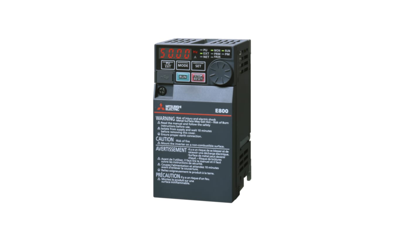 Módulo inversor Mitsubishi Electric serie FR-E800, 0,2 kW, 240 V, 1 fase, 1,5 A, 50Hz, IP20, RS-485