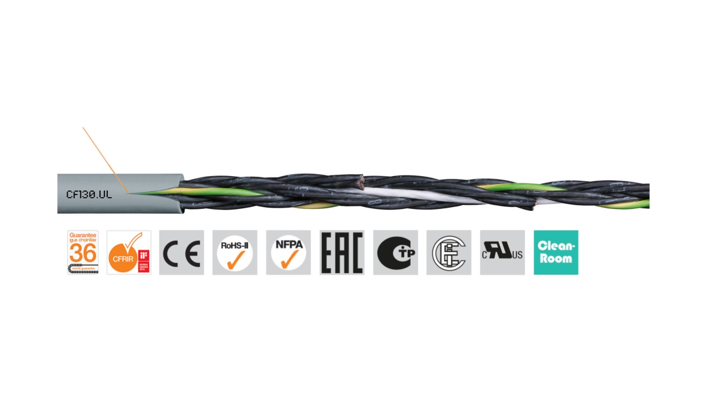 Cable de control Igus chainflex CF130.UL de 3 núcleos, 0,5 mm², Ø ext. 5.5mm, long. 100m, 300/500 V, 10 A,