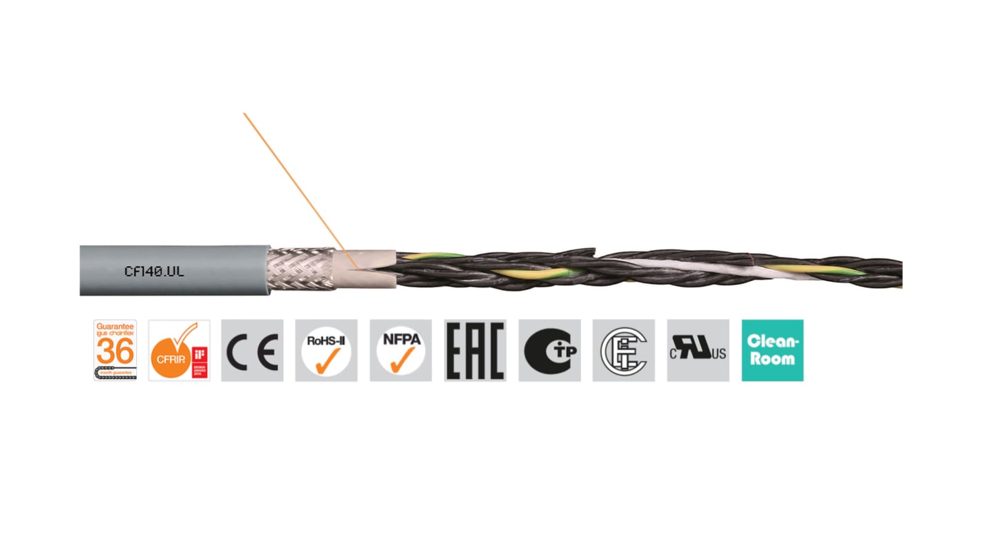 Cable de control apantallado Igus chainflex CF140.UL de 4 núcleos, 2,5 mm², Ø ext. 11.5mm, long. 100m, 300/500 V, 27 A,