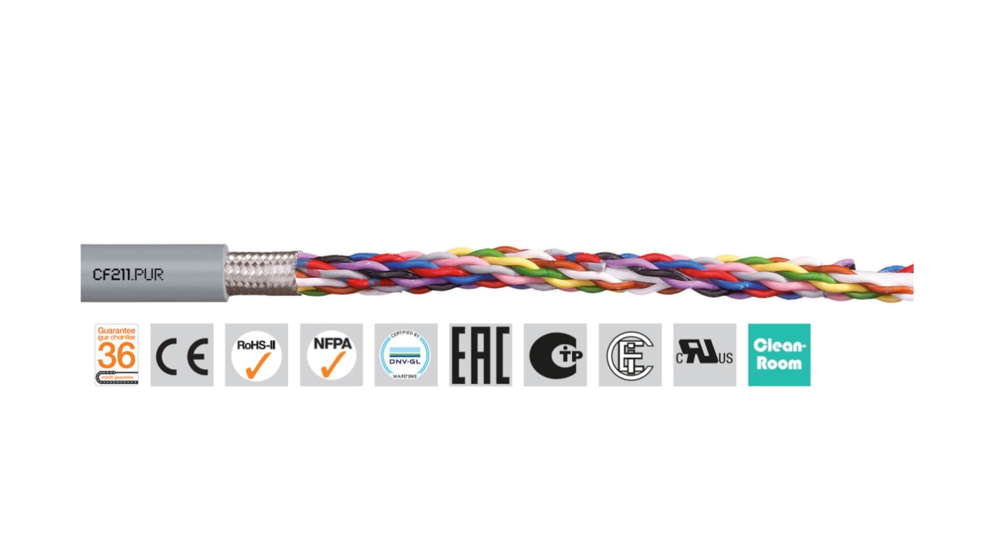 Cable de datos apantallado Igus chainflex CF211.PUR de 8 núcleos, 0,25 mm², Ø ext. 7.5mm, long. 100m, 300/300 V., 5 A,