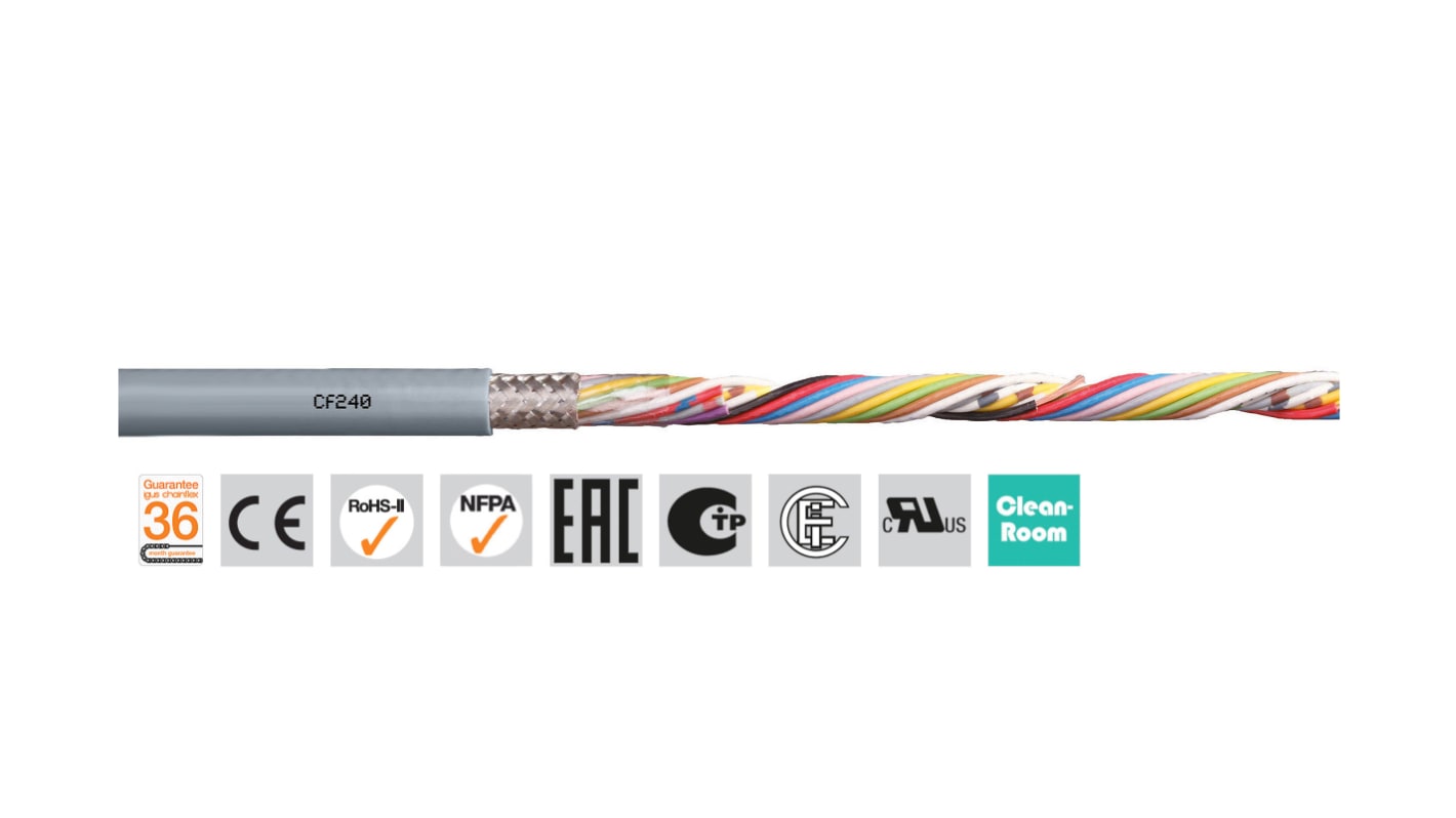 Cable de datos apantallado Igus chainflex CF240 de 14 núcleos, 0,14 mm², Ø ext. 7.5mm, long. 100m, 300/300 V., 2,5 A,