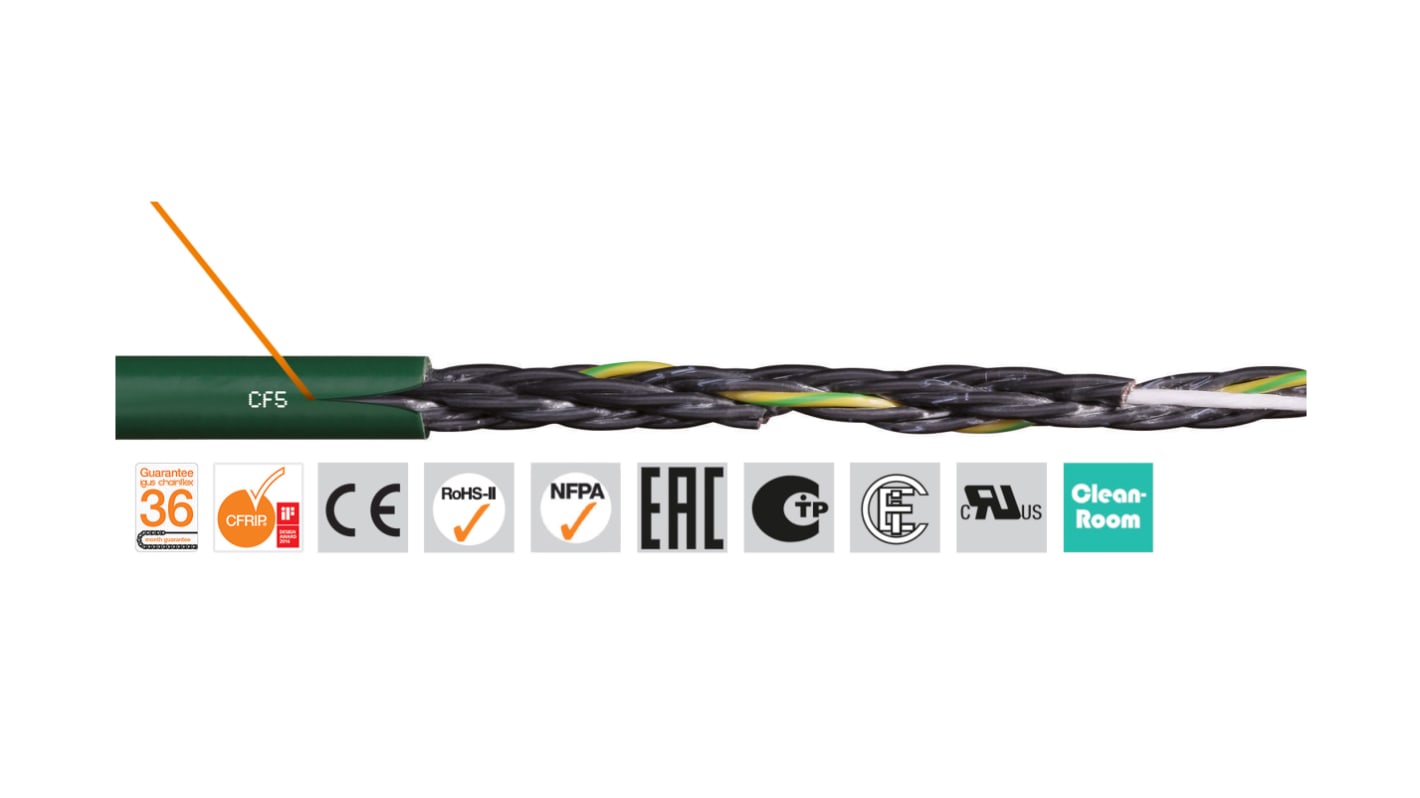 Cable de control Igus chainflex CF5 de 5 núcleos, 0,75 mm², Ø ext. 7.5mm, long. 100m, 300/500 V, 12 A, Pirorretardante,