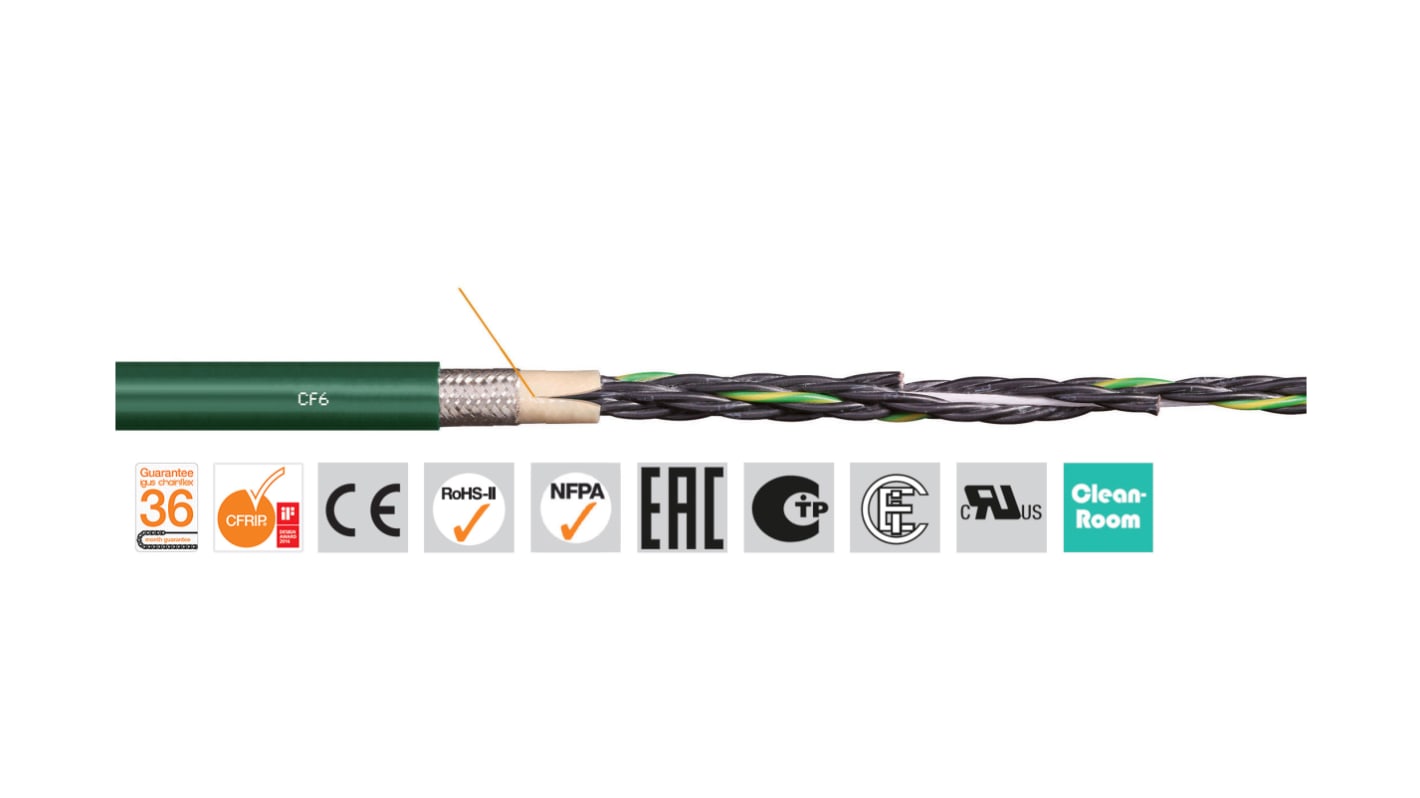 Igus chainflex CF6 Control Cable, 4 Cores, 1.5 mm², Screened, 100m, Green PVC Sheath, 15 AWG