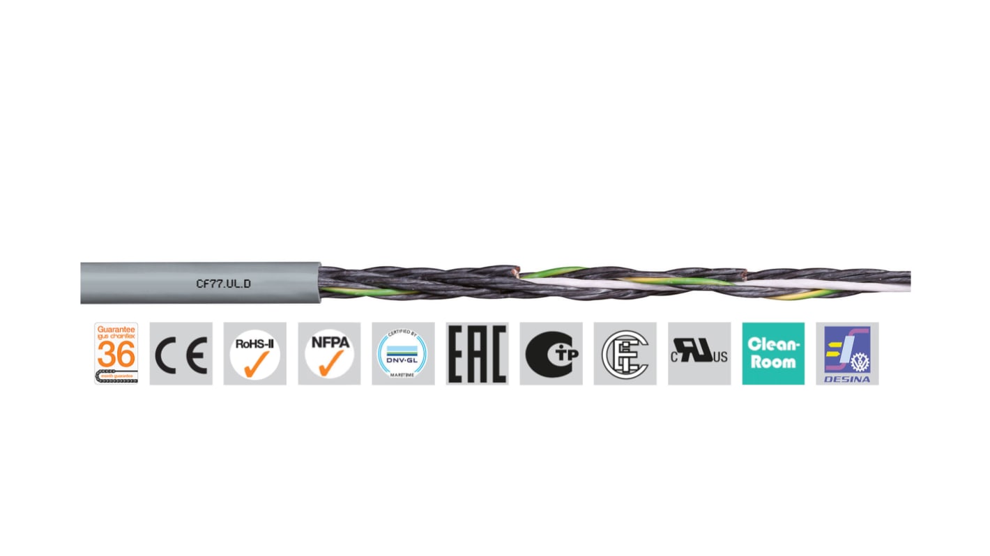 Igus chainflex CF77.UL.D Control Cable, 3 Cores, 0.75 mm², Unscreened, 100m, Grey PUR Sheath, 18 AWG