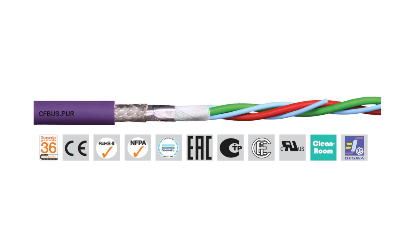 Igus chainflex CFBUS.PUR Buskabel, 2-adrig x 0,25 mm² Violett / 5 A, 100m, 23 AWG, Kupfergeflecht verzinnt