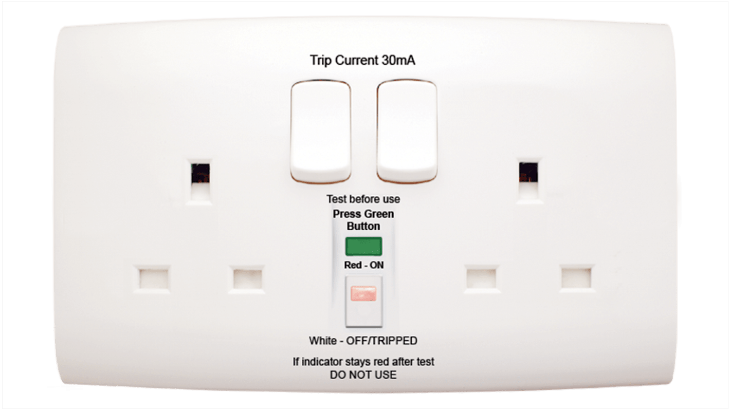 Contactum 13A, BS 7288 Fixing, Latching, 2 Gang RCD Socket, Polycarbonate, Wall Mount , Switched, IP2X, 220 →