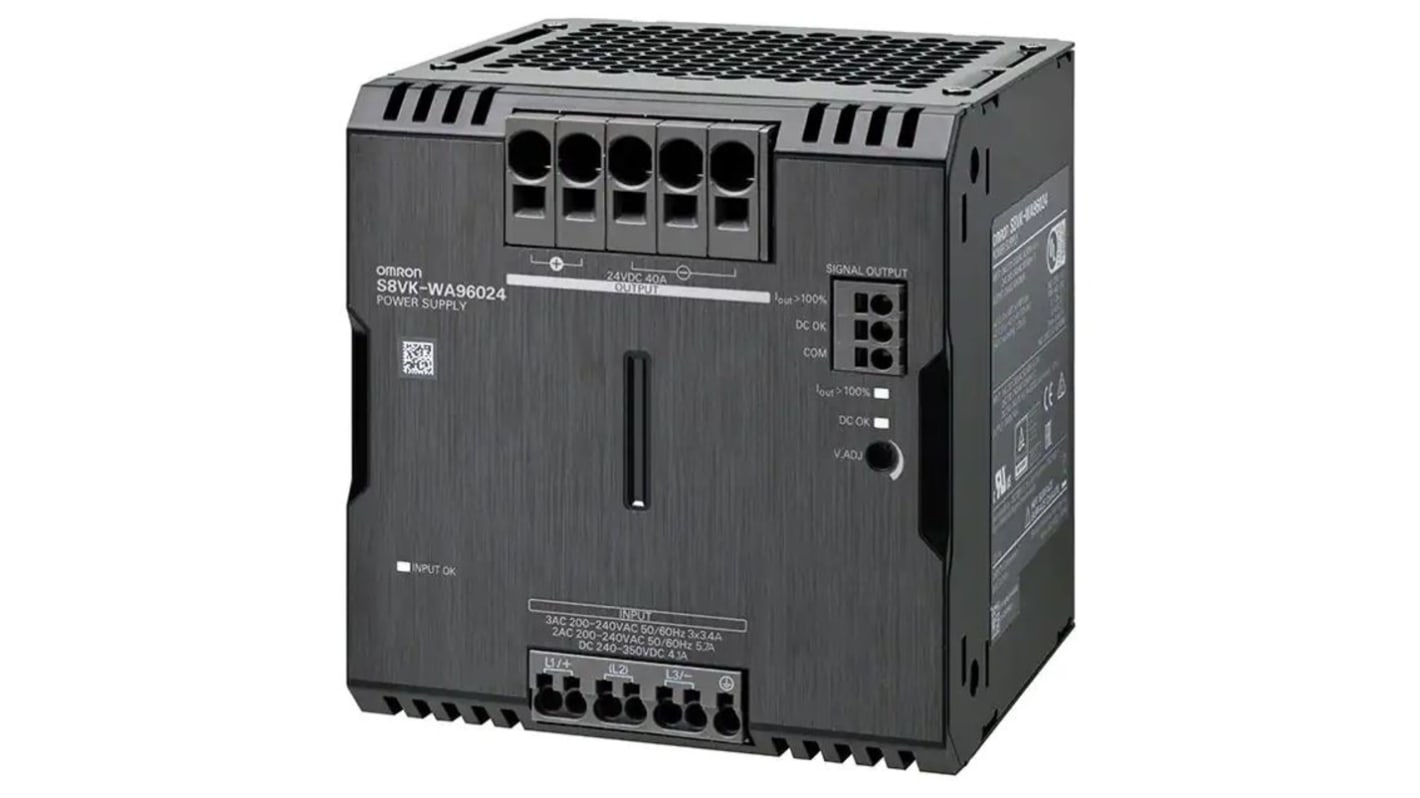 Omron S8VK-WA Switched Mode DIN Rail Power Supply, 200V ac ac Input, 24V dc dc Output, 40A Output