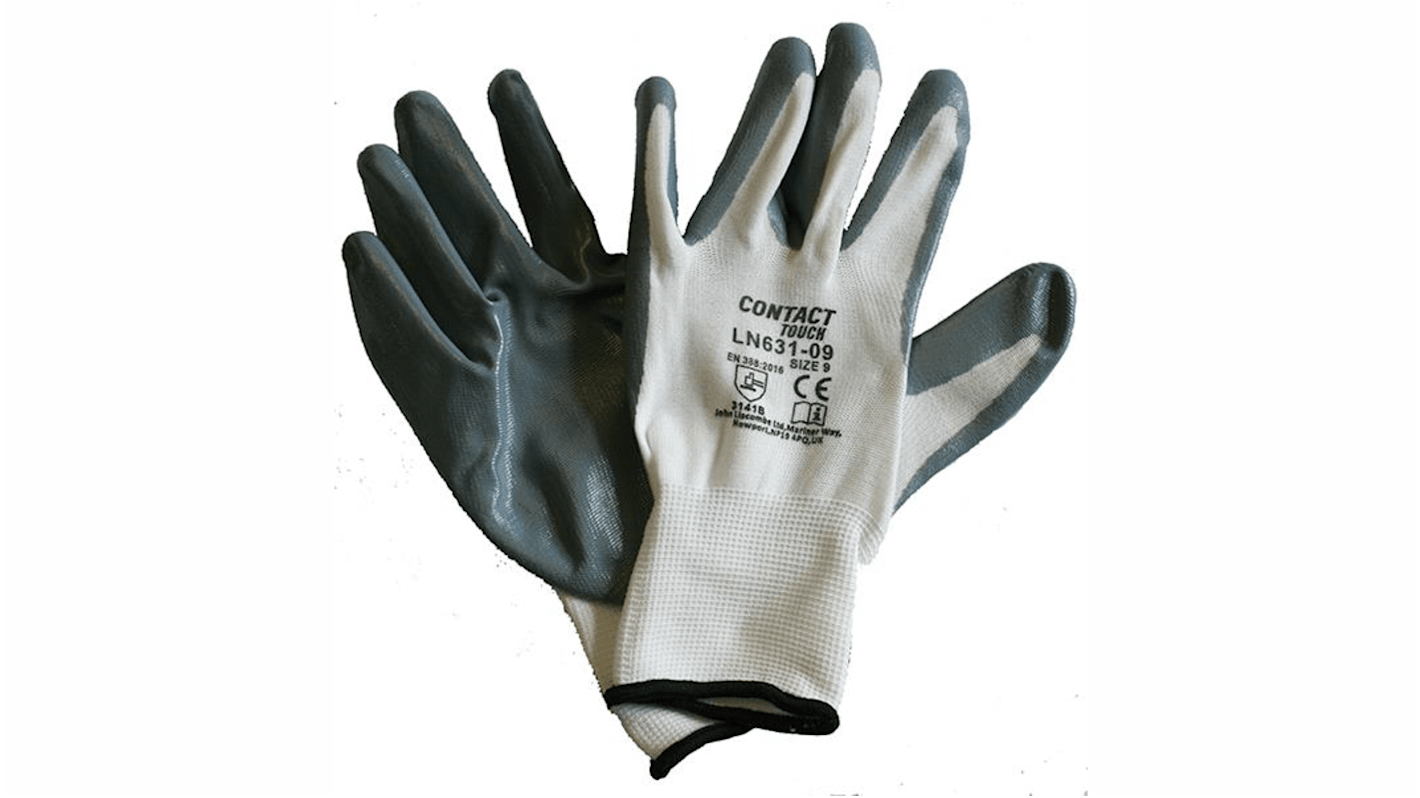 Liscombe Contact Touch White Nylon Work Gloves, Size 8, Nitrile Coating