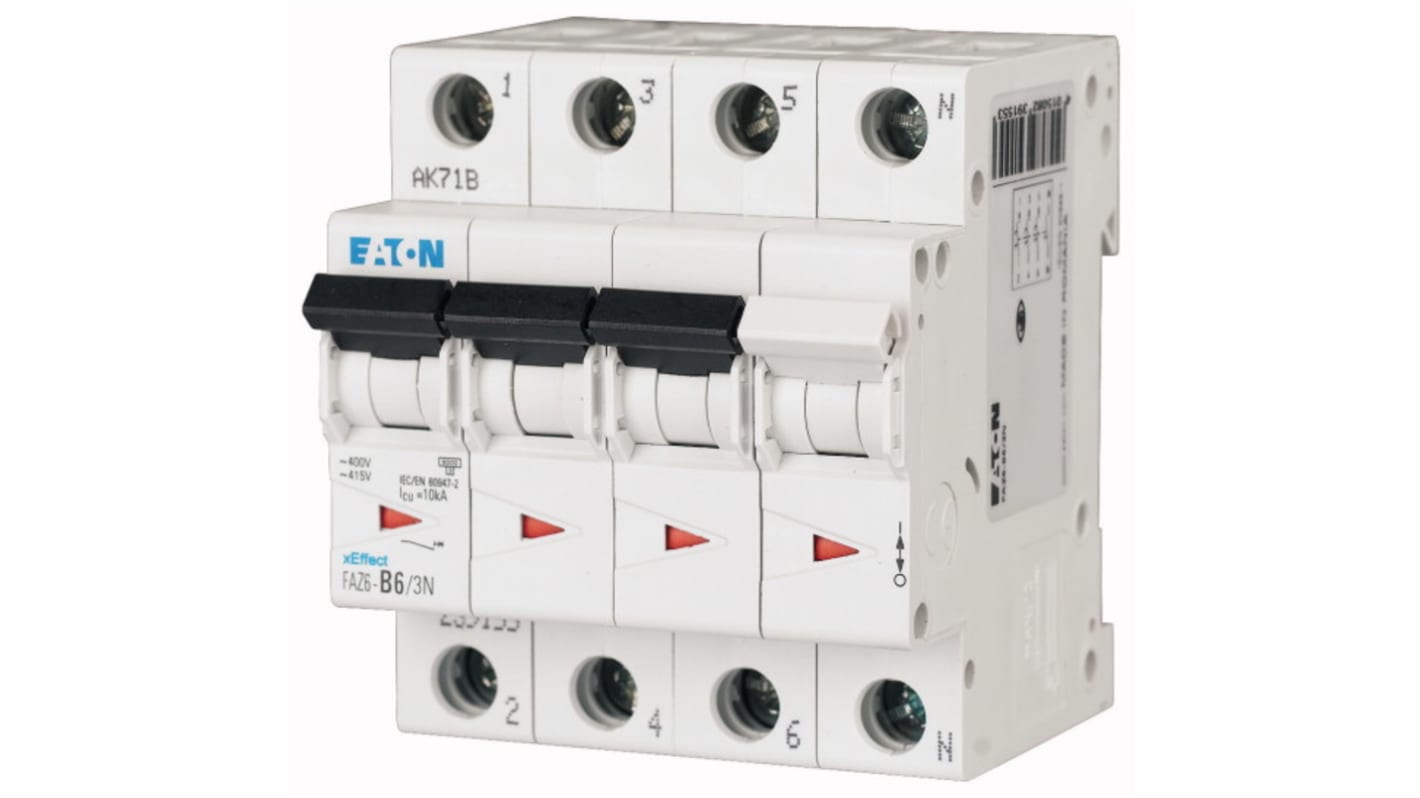 Eaton MCB Leitungsschutzschalter Typ B, Pol 3P+N 6A 415V, Abschaltvermögen 6 kA xEffect DIN-Schienen-Montage