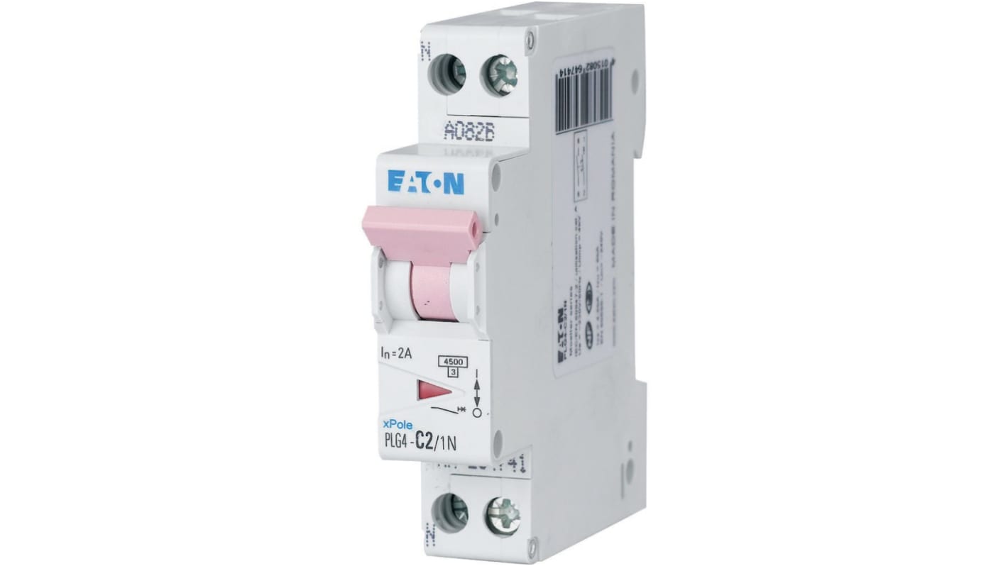 Eaton xPole MCB, 1P+N, 2A Curve C, 230V AC, 4.5 kA Breaking Capacity