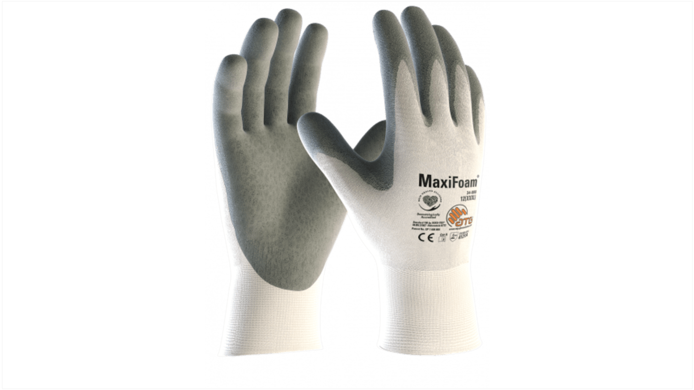 ATG Maxifoam Grey, White Nylon General Purpose Work Gloves, Size 7, Small, NBR Coating