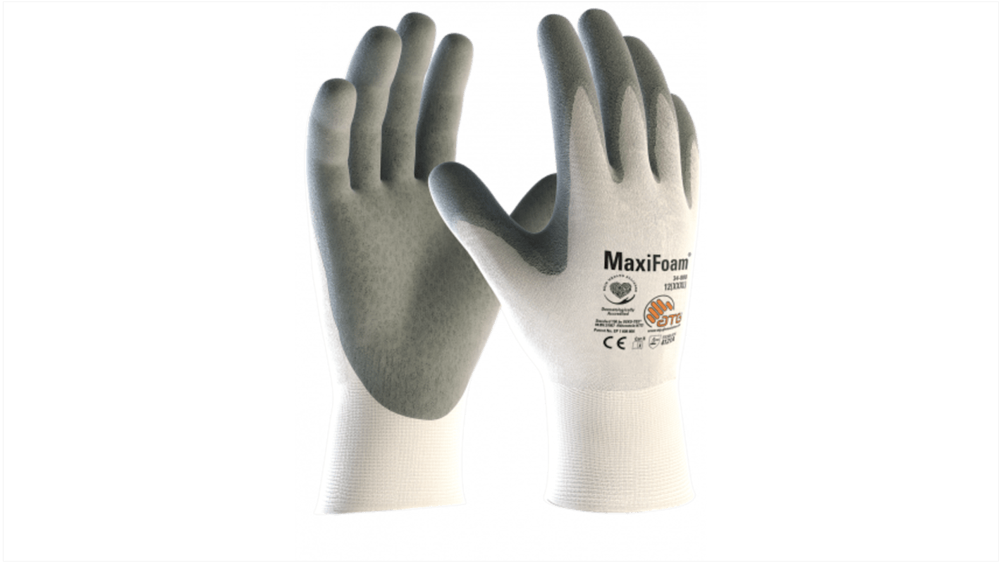 ATG Maxifoam Grey, White Nylon General Purpose Work Gloves, Size 8, Medium, NBR Coating