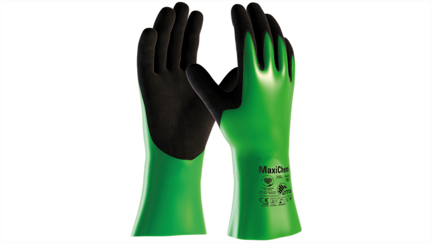 ATG Maxichem Green Nylon Chemical Resistant Work Gloves, Size 7, Small, NBR Coating