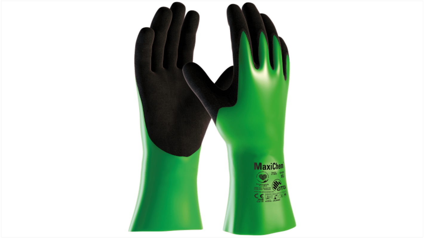 ATG Maxichem Green Nylon Chemical Resistant Work Gloves, Size 8, Medium, NBR Coating